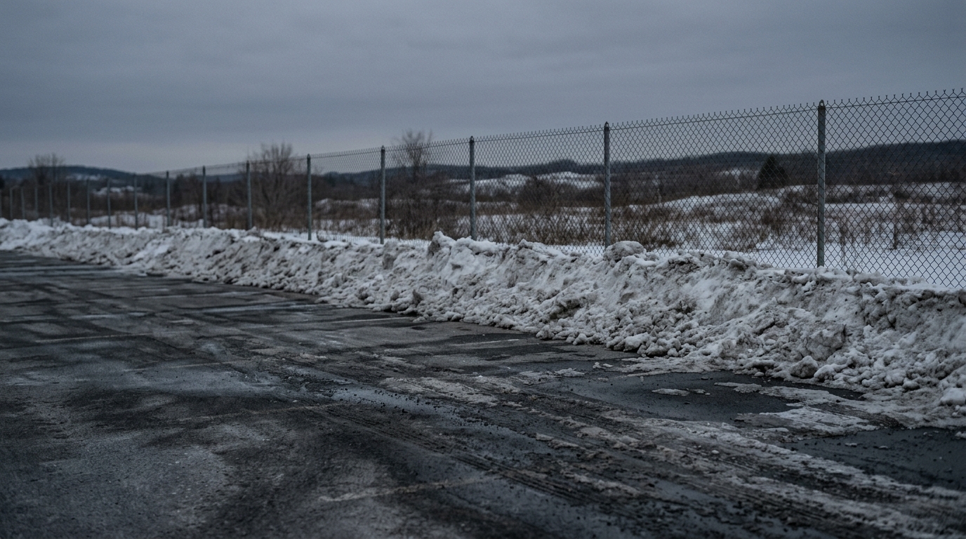 A long bank of cleared snow piled along the edge of a wide empty asphalt area at dusk, wet dark asphalt in front of it carrying tire tracks and salt residue, a plain chain link fence behind. No vehicles, no people, no signs.