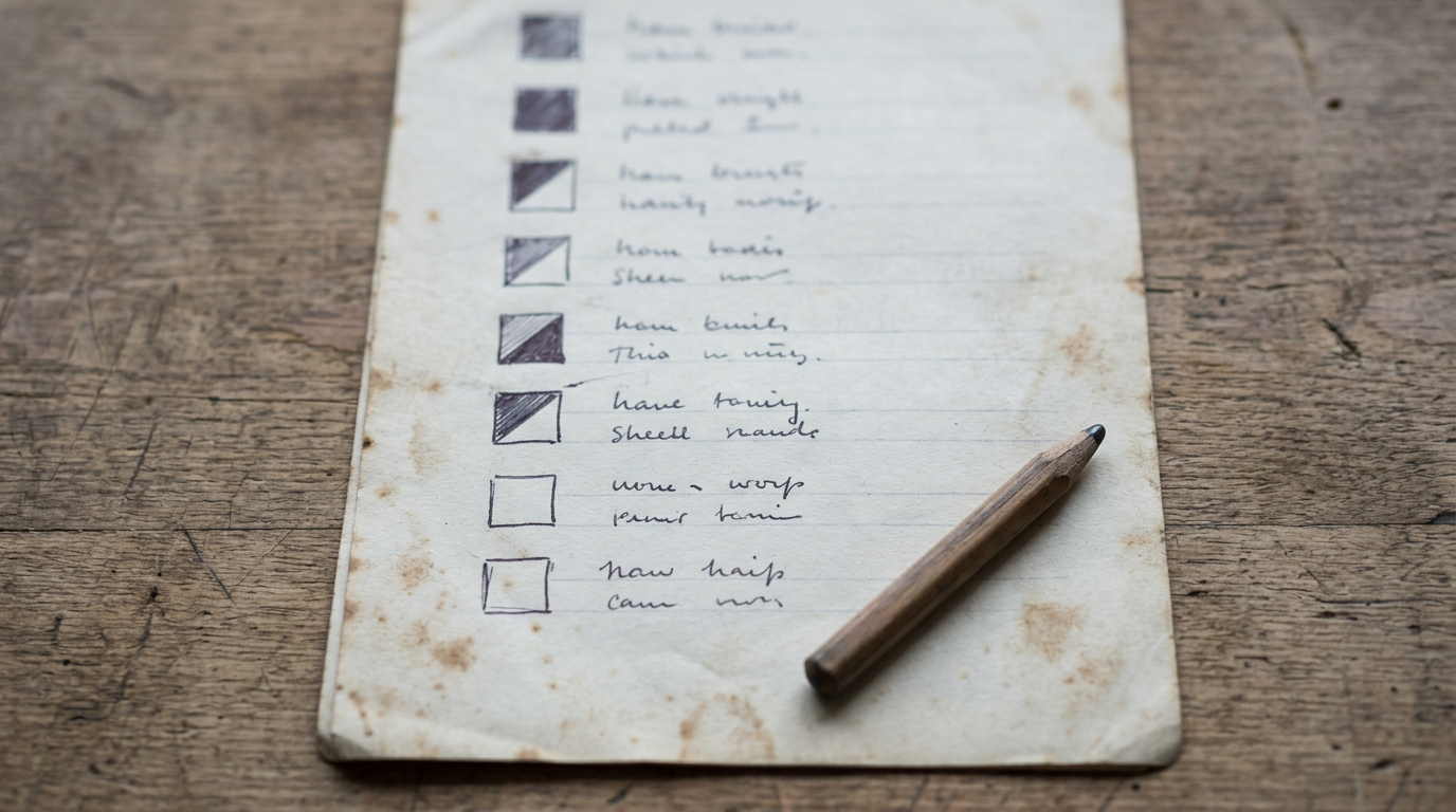A ruled paper form on a wooden counter, seen from above, with a left column of eight hand drawn squares: two inked solid, four half inked on a diagonal, two left empty, each beside two short lines of handwriting too small and soft to read. A blunt pencil lies across the corner.